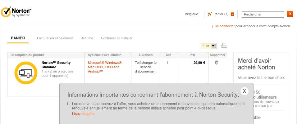 BE Français - Norton Security Standard - 10€ de réduction (Cart)